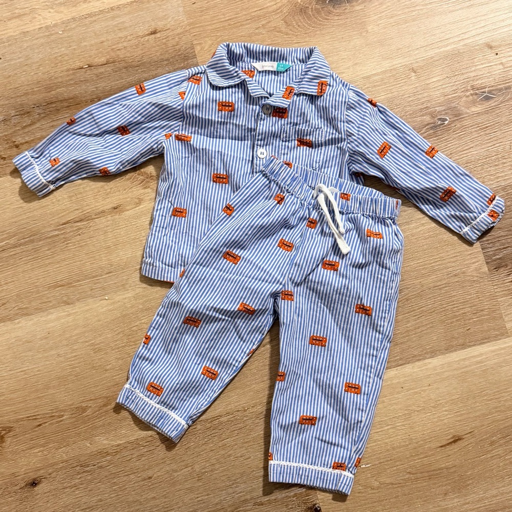 John Lewis White and Blue Striped with London Bus Pajama Set Size 6-9 months